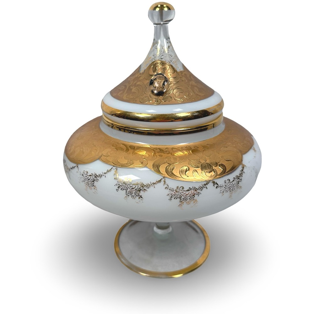 Vintage Empoli Circus Tent Italy White Milk Glass Gold Encrusted Candy Dish Lid